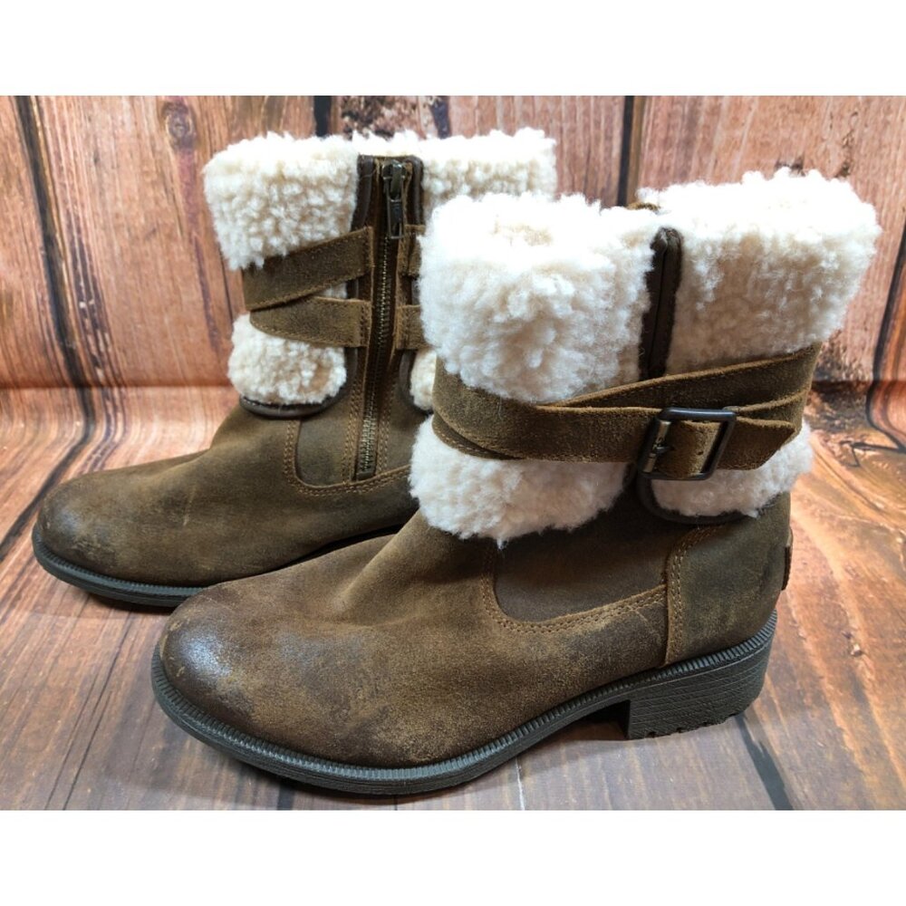 UGG Blayre III 1095153 Brown Leather Shearling Buckle Moto Boots Womens 7 (g6m)